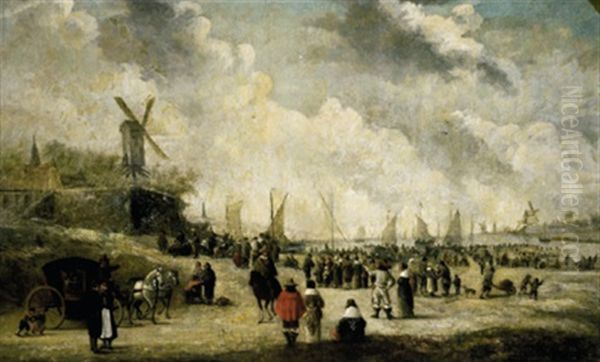 Strandansicht Mit Vielen Figuren Und Einer Zweispanigen Kutsche Oil Painting by Hendrick De Meijer