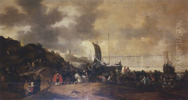 Le Debarquement Des Voyageurs Sur Une Plage Hollandaise Oil Painting by Hendrick De Meijer