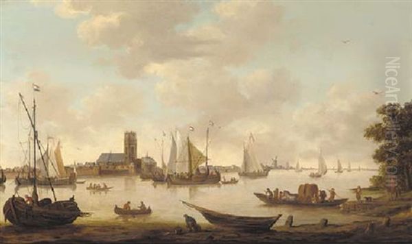 View Of Dordrecht  From The River Maas Oil Painting by Hendrick De Meijer