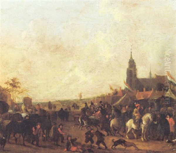 A Horse Fair Outside A Town Oil Painting by Hendrick De Meijer