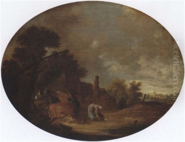 Peasants Drawing Water From A Well In A Village, A Church Beyond Oil Painting by Hendrick De Meijer