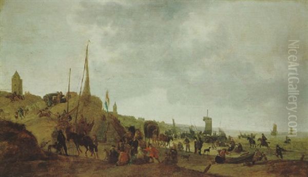 Grose Standlandschaft Bei Scheveningen Mit Der Heute Noch Bestehenden Gotischen Kirche, Mit Booten, Pferdewagen Und Vielen Figuren Oil Painting by Hendrick De Meijer