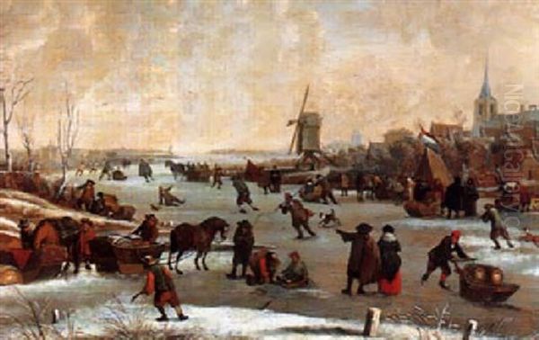 Winterlandschaft Mit Eislaufern Vor Einer Stadt Oil Painting by Hendrick De Meijer