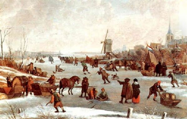 A Winter Landscape With Ice-skaters Oil Painting by Hendrick De Meijer