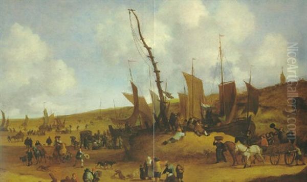 Blick Auf Die Kuste Vor Scheveningen, Rechts Im Hintergrund Die Gotische Kirche, Im Vordergrund Viele Figuren by Hendrick De Meijer