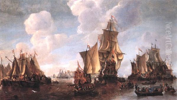 Flotilla Of Vessels Surrounding Two Dutch States Yachts And A Man O' War Oil Painting by Hendrick De Meijer