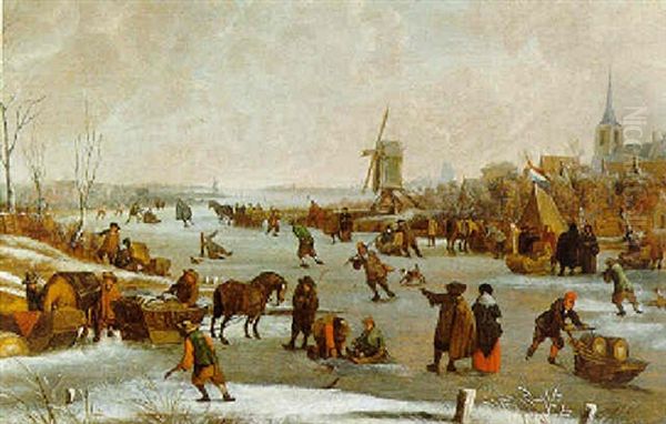 Winterlandschaft Mit Eislaufern Vor Einer Stadt Oil Painting by Hendrick De Meijer