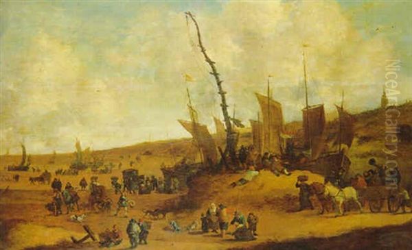 Hollaendische Kuestenlandschaft Mit Fischerbooten Und Vielen Figuren Oil Painting by Hendrick De Meijer