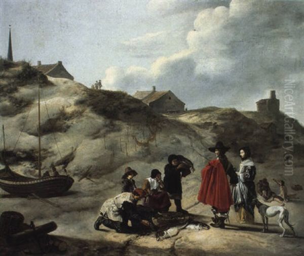 Gens De Qualite Achetant Du Poisson Sur La Plage Oil Painting by Hendrick De Meijer