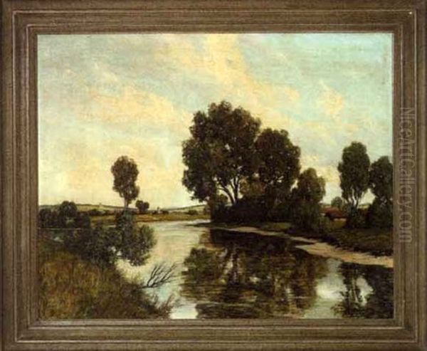 River Landscape With A Village In The Distance Oil Painting by Lothar Rudolf Meilinger