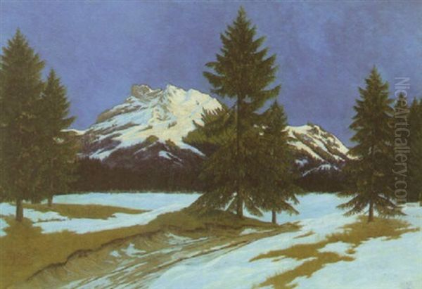 Winterabend Am Breitenstein Bei Bayrischzell Oil Painting by Lothar Rudolf Meilinger