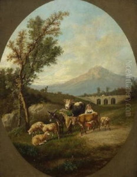 Hirtin Mit Vieh In Sizilianischer Landschaft Oil Painting by Johann Philipp Meinel