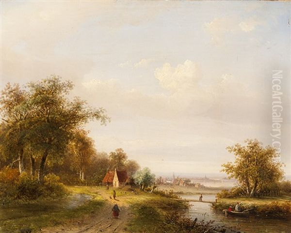 Path Along The Water With A View Of A Village Oil Painting by Claus Hendrik Meiners