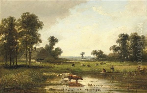 Watering Cows Oil Painting by Claus Hendrik Meiners