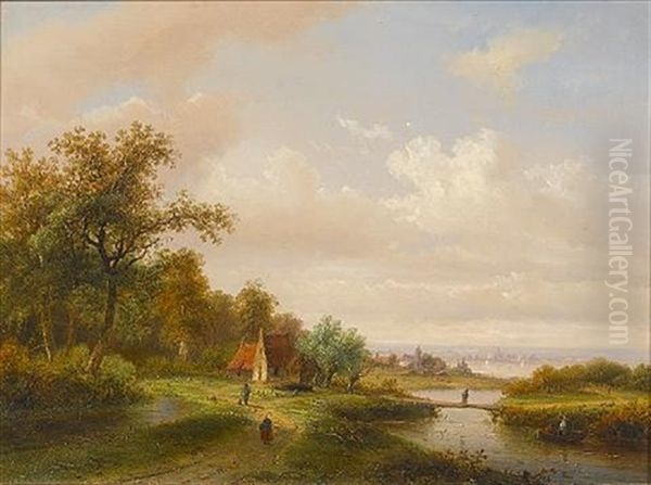 A River Landscape With A Village In The Distance Oil Painting by Claus Hendrik Meiners