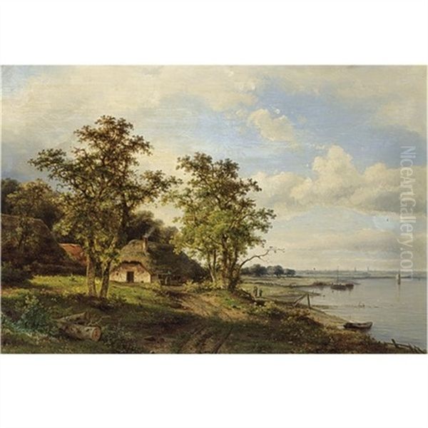 A Summer Landscape With Travellers Along A River Oil Painting by Claus Hendrik Meiners