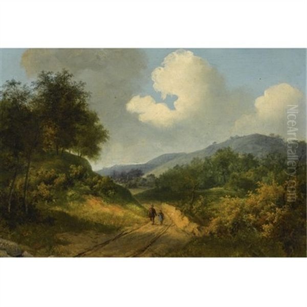 A Wooded Landscape With Travellers On A Track Oil Painting by Claus Hendrik Meiners