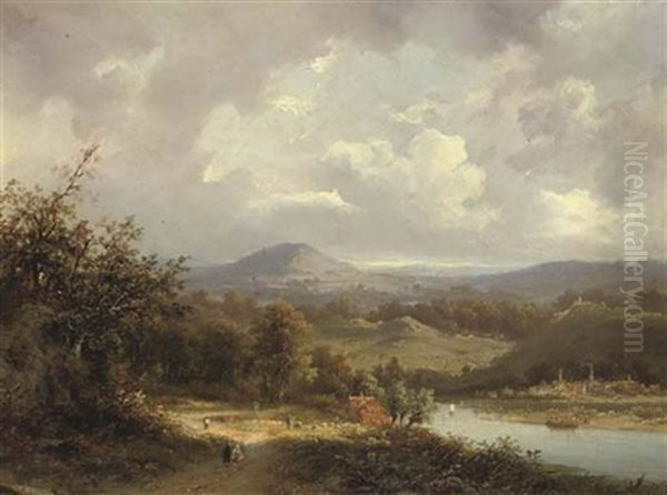 A Hilly Landscape With A Village Along A River Oil Painting by Claus Hendrik Meiners