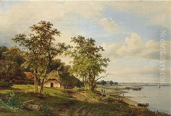 A Summer Landscape With Travellers Along A River Oil Painting by Claus Hendrik Meiners