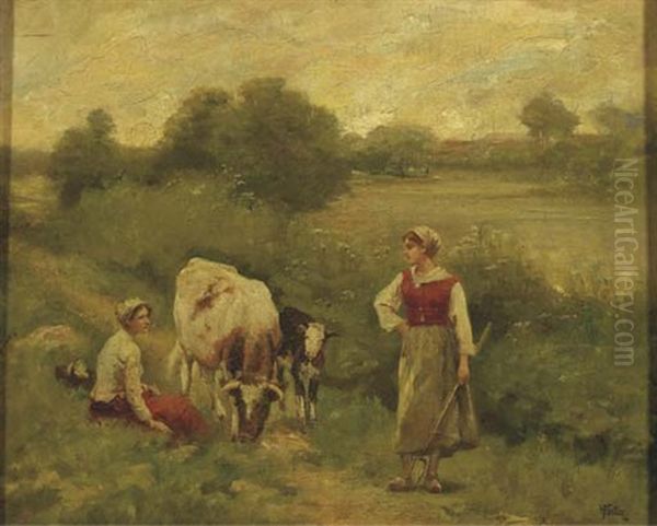 Watering Cattle Oil Painting by Claus Hendrik Meiners