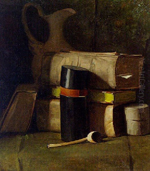 A Still Life With Books, A Cylinder Box And A Pipe Oil Painting by Pieter Meiners