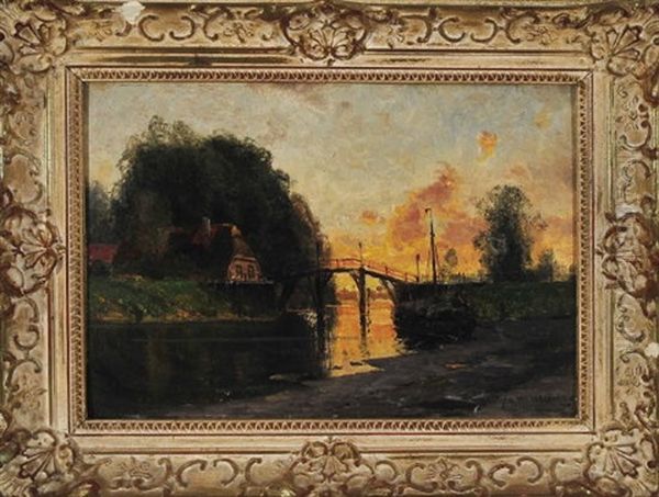 Niederlandische Abendlandschaft Mit Haus An Einer Brucke Und Rastendem Fischer Auf Seinem Kahn Oil Painting by Georg M. Meinzolt