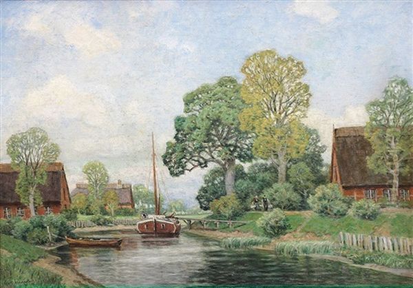 Katen, Boote Und Personen Im Alten Land Nahe Hamburg Oil Painting by Georg M. Meinzolt