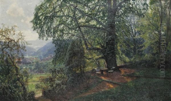 Blick Auf Eine Gartenterrasse Mit Dorf Und Bergen Im Hintergrund Oil Painting by Georg M. Meinzolt