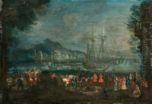 Le Retour De La Chasse Devant Un Port Ou Sont Mouilles Des Navires De Haut Bord Oil Painting by Jan-Baptiste van der Meiren