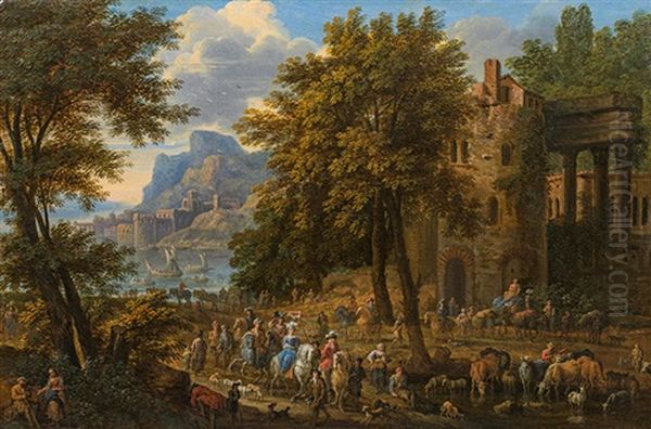 Landscape With Hunting Society, Travellers And Sheperds In Front Of A Ruin Oil Painting by Jan-Baptiste van der Meiren