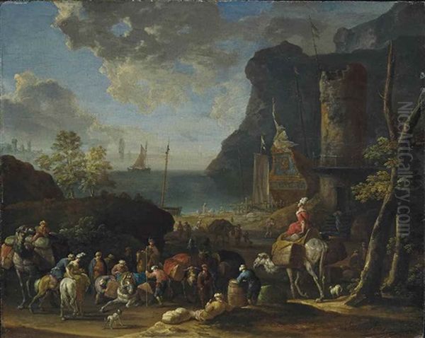 A Mediterranean Harbour Scene With Turkish Merchants Loading A Caravan In The Foreground Oil Painting by Jan-Baptiste van der Meiren