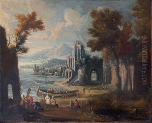 Scene De Port Mediterraneen Avec Trois Orientaux Oil Painting by Jan-Baptiste van der Meiren