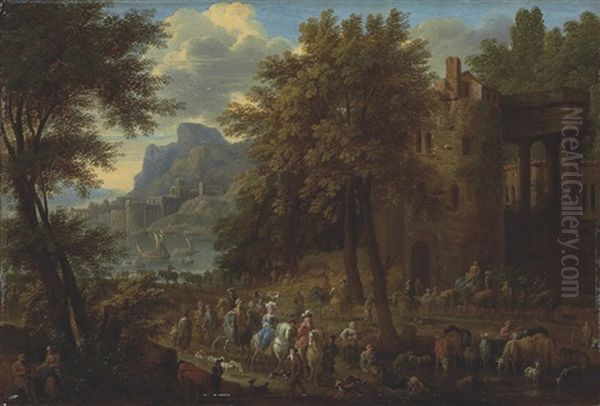 A Wooded Landscape With An Elegant Company Passing Through Architectural Ruins, With A Castle And Harbor Beyond Oil Painting by Jan-Baptiste van der Meiren