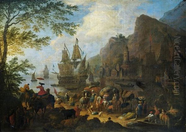 Einschiffung Eleganter Reisender An Einem Mediterranen Hafen Oil Painting by Jan-Baptiste van der Meiren