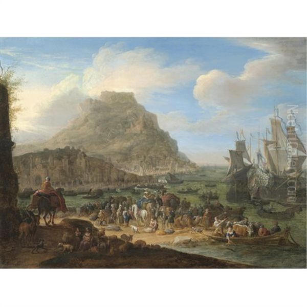 An Exotic Harbour Scene Oil Painting by Jan-Baptiste van der Meiren