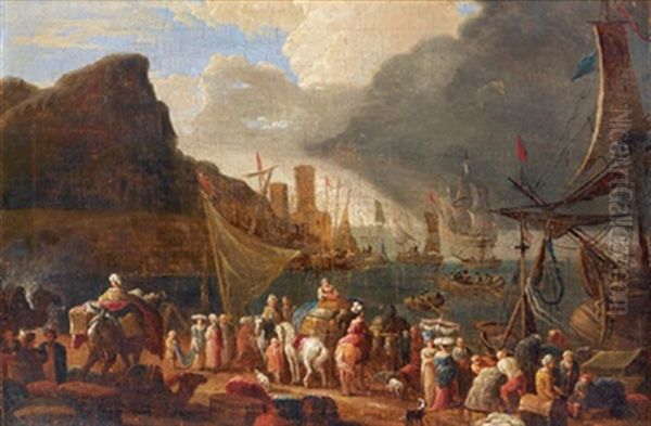 Seehafen Mit Booten Und Vielen Figuren Oil Painting by Jan-Baptiste van der Meiren