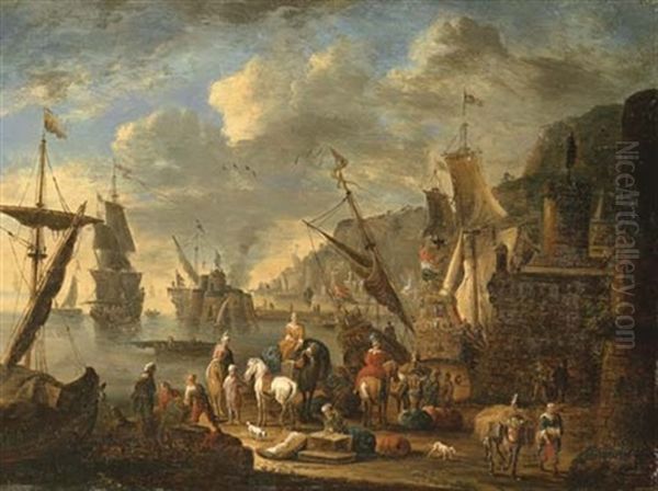 Oriental Merchants In An Imaginary Mediterranean Port Oil Painting by Jan-Baptiste van der Meiren