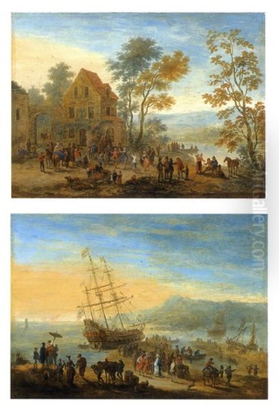 Scene De Port Anime D'orientaux (+ Scene De Kermesse Pres D'une Riviere; Pair) Oil Painting by Jan-Baptiste van der Meiren