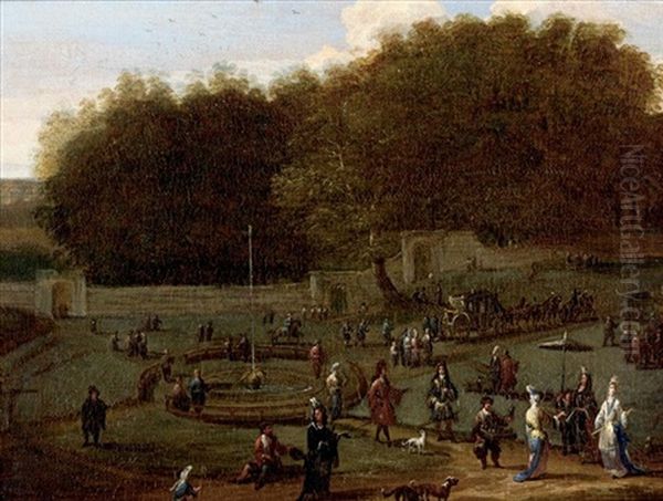 Elegant Company Promenading In A Walled Park Oil Painting by Jan-Baptiste van der Meiren