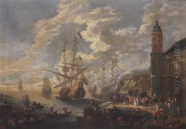 Ein Sudlicher Seehafen Mit Ankernden Fregatten, Vielen Booten Und Figuren Oil Painting by Jan-Baptiste van der Meiren