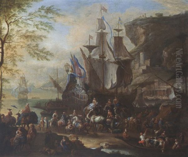 A Mediterranean Harbour Scene With Figures Unloading Merchantmen, Together With Horsemen, An Elephant, Dromedaries And A Ferry In The Foreground, A View Of A Town In The Background Oil Painting by Jan-Baptiste van der Meiren