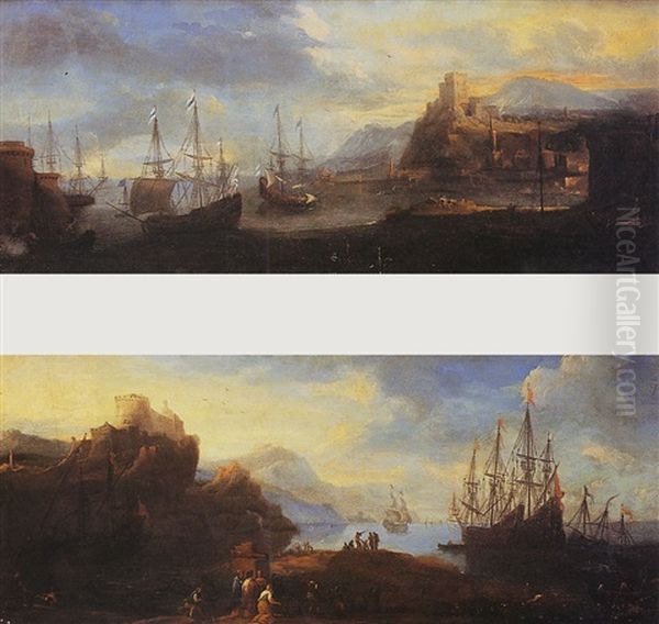 Navires De Commerce Pres De Ports Mediterraneens Oil Painting by Jan-Baptiste van der Meiren