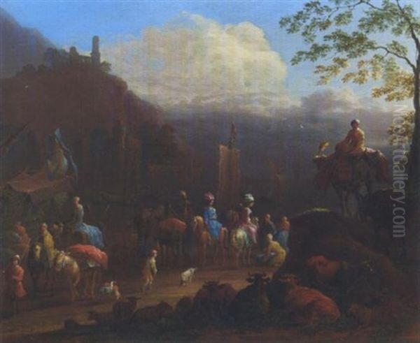 Eine Elegante Gesellschaft Von Reisenden Bei Einem Hafen Oil Painting by Jan-Baptiste van der Meiren