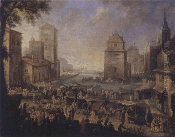 Harbor Scene With Merchants And Elegant Figures At A Market Oil Painting by Jan-Baptiste van der Meiren