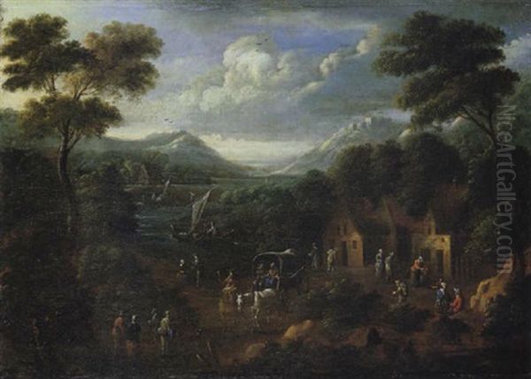 Weite Flusslandschaft Mit Reicher Figurenstaffage Oil Painting by Jan-Baptiste van der Meiren