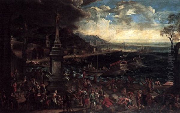 A Capriccio Of A Mediterranean Port Scene With Ships In The Harbour And Figures Gathered On The Shore Oil Painting by Jan-Baptiste van der Meiren