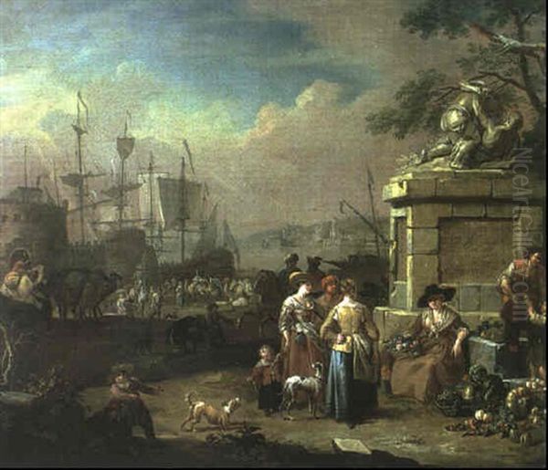 Vue Portuaire Animee De Nombreux Personnages Oil Painting by Jan-Baptiste van der Meiren