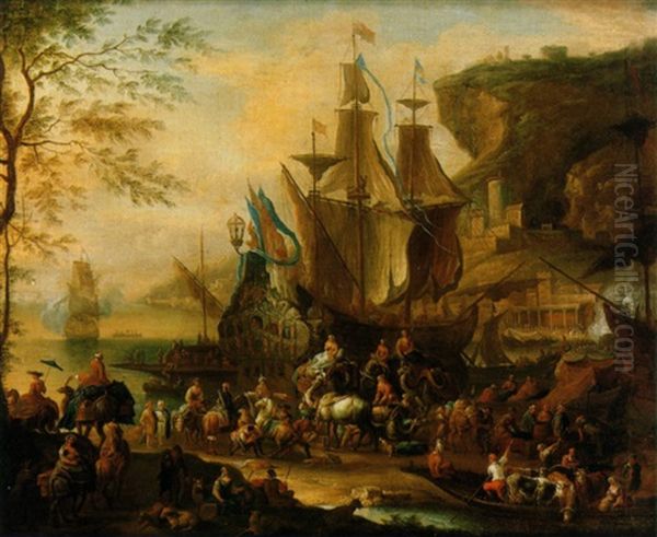 A Harbour Scene Oil Painting by Jan-Baptiste van der Meiren