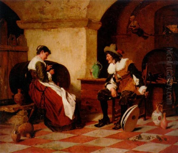 A Couple In A Wine Cellar Oil Painting by Ernst Meisel