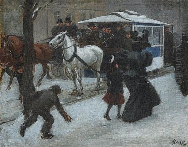 Winterliche Strasenszene Mit Pferdetram Oil Painting by August Von Meissl